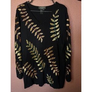 Gorgeous Fairy Whimsy‎ Black Sequined Leaf V Neck Long Sleeve Knit Sweater M